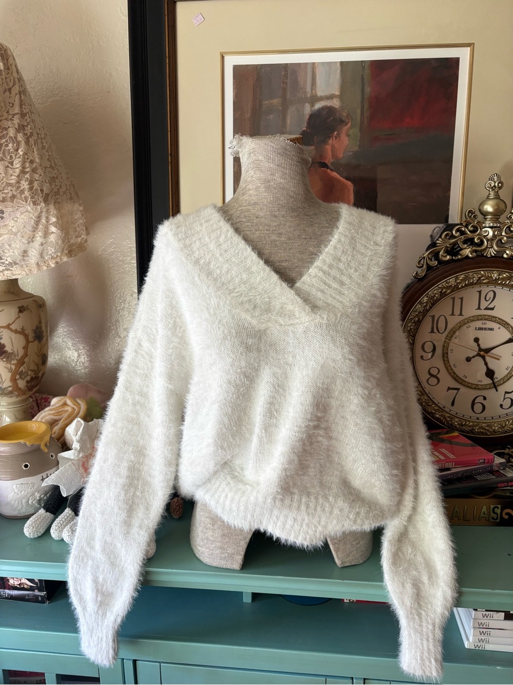 Charlotte Russe Fuzzy V-Neck Sweater in White